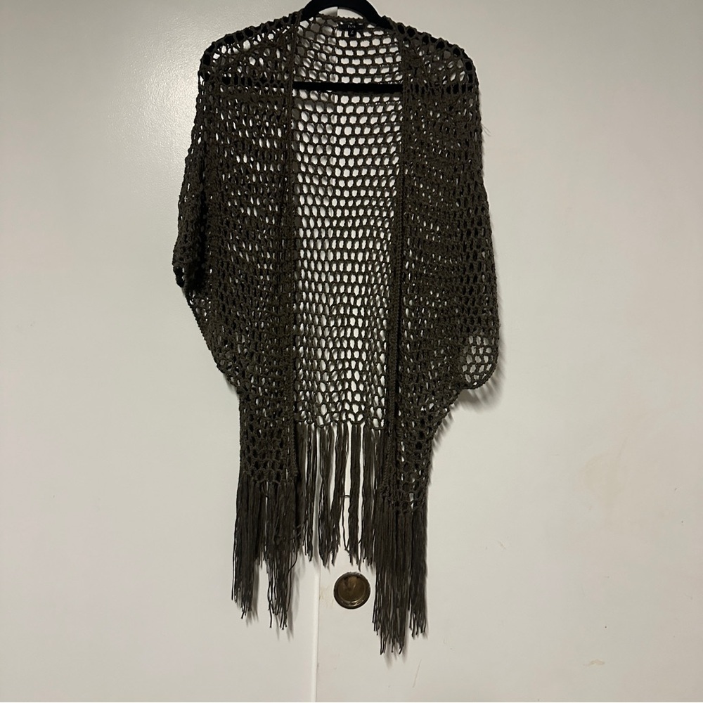 Fora Brown Open Front Crochet fringe Cardigan Size Large